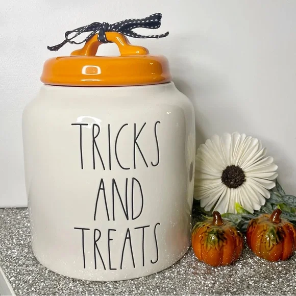 Rae Dunn Halloween Tricks and Treats White Cookie Jar Canister New - Picture 3 of 9